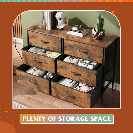 WLIVE Wide Dresser with 6 Drawers, TV Stand for 50 Inches TV, Entertainment Center with Metal Frame, Wooden Top, Fabric Storage Dresser for Bedroom, Hallway, Entryway, Rustic Brown Wood Grain Print WLIVE