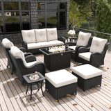 LayinSun 10 Pieces Outdoor Patio Furniture Set with Fire Pit Table, Rattan Wicker Sectional Swivel Rocker Chairs Sets with Ottomans, Swivel Glider Chair, Single Chairs and Coffee Table LayinSun