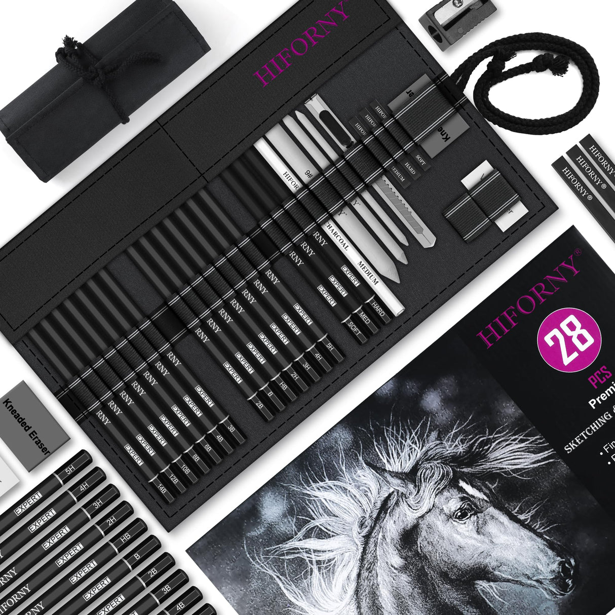 HIFORNY 28 PCS Sketching Drawing Pencil Set,Sketch Pencils Art Supplies with Graphite,Charcoal,Blending Tools,Accessories,Drawing Kit for Adults Artists in Canvas Roll Up Case HIFORNY