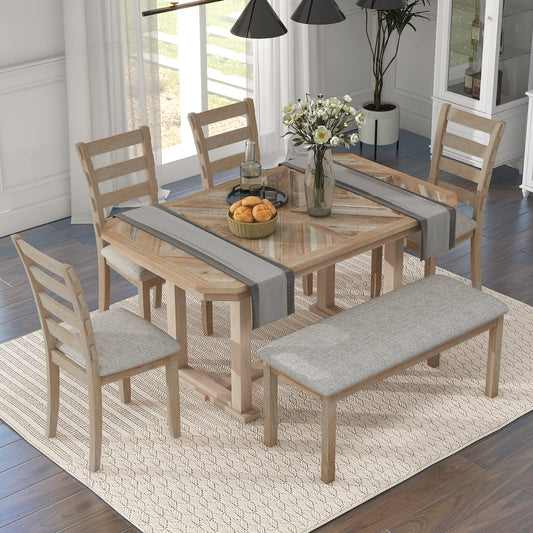 Merax 6-Piece Rubber Dining Table Set with 4 Cushioned Chairs and Bench, Beautiful Wooden Grain Pattern Tabletop, 60 x 36 x 30.3 inch, Natural Wood Wash - WoodArtSupply