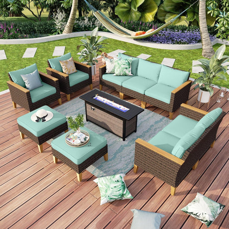 MFSTUDIO 9 Piece Extra Large Wicker Patio Furniture Set with 56" Fire Pit Table, All-Weather Rattan Sectional Sofa Patio Conversation Set with 50000 BTU CSA Approved Fire Pit & Aqua Blue Cushion MFSTUDIO
