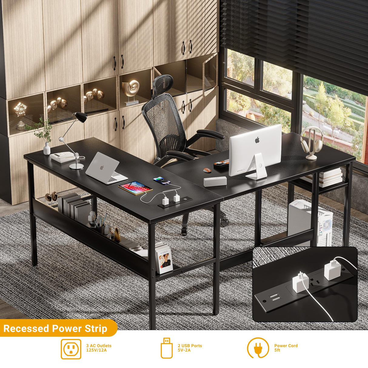 Unikito Reversible L Shaped Desk with Magic Power Outlets and USB Charging Ports, Sturdy Corner Computer Desk with Storage Shelves, Gaming Table Home Office Desk, Easy to Assemble, Black Unikito