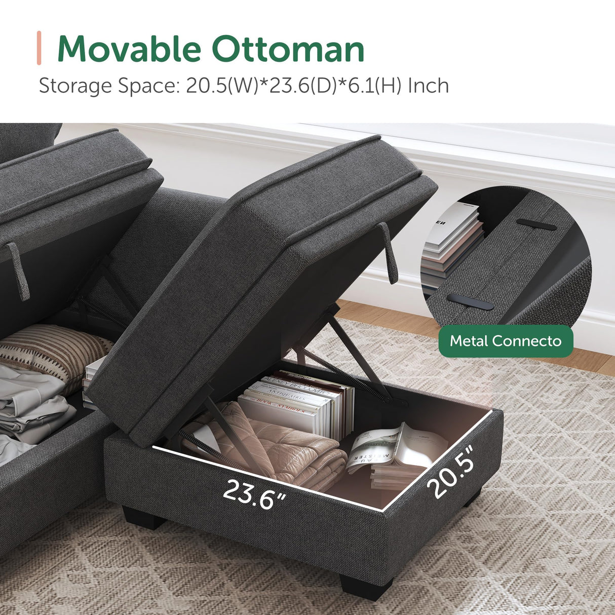 HONBAY Sectional Sofa with Storage Seat U Shaped Sectional Couch with Reversible Chaise Convertible Sectional Couch for Living Room,Dark Grey HONBAY