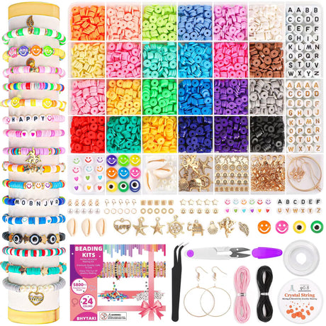 5800 PCS Clay Beads Bracelet Making Kit, 24 Colors Flat Preppy Beads for Friendship Jewelry Making, Polymer Heishi Beads with Charms DIY Arts and Crafts Birthday Gifts Toys for Teen Girls Age 6+ BHYTAKI