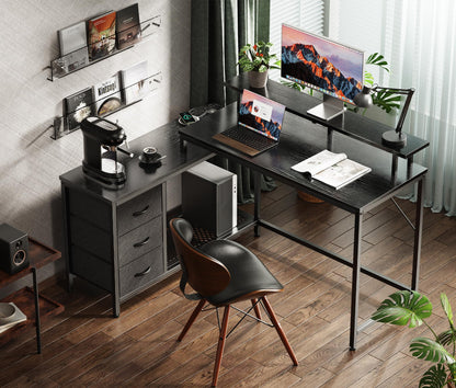 Huuger Reversible L-Shaped Gaming and Office Desk with LED Lighting, Power Outlets, and Drawers in Black - WoodArtSupply