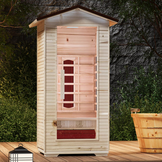 BNEHS Outdoor Sauna 1 Person,Full Spectrum Infrared Sauna,Home Sauna with 10 Minutes Warm Up Heating Tubes & Panels,Personal Wooden Sauna Room with Bluetooth Speaker,1820Watt - WoodArtSupply