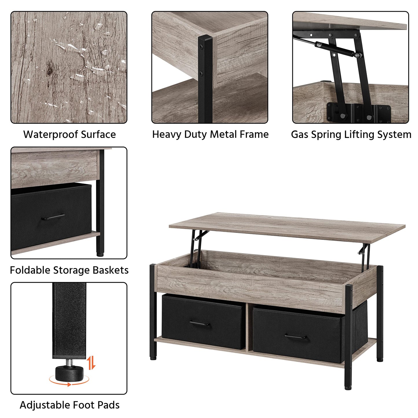 Yaheetech Lift-top Coffee Table with 2 Fabric Baskets & Hidden Storage Compartment, Raisable Top Coffee Table Industrial Center Table with Shelf for Living Room, Gray - WoodArtSupply