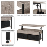 Yaheetech Lift-top Coffee Table with 2 Fabric Baskets & Hidden Storage Compartment, Raisable Top Coffee Table Industrial Center Table with Shelf for Living Room, Gray Yaheetech