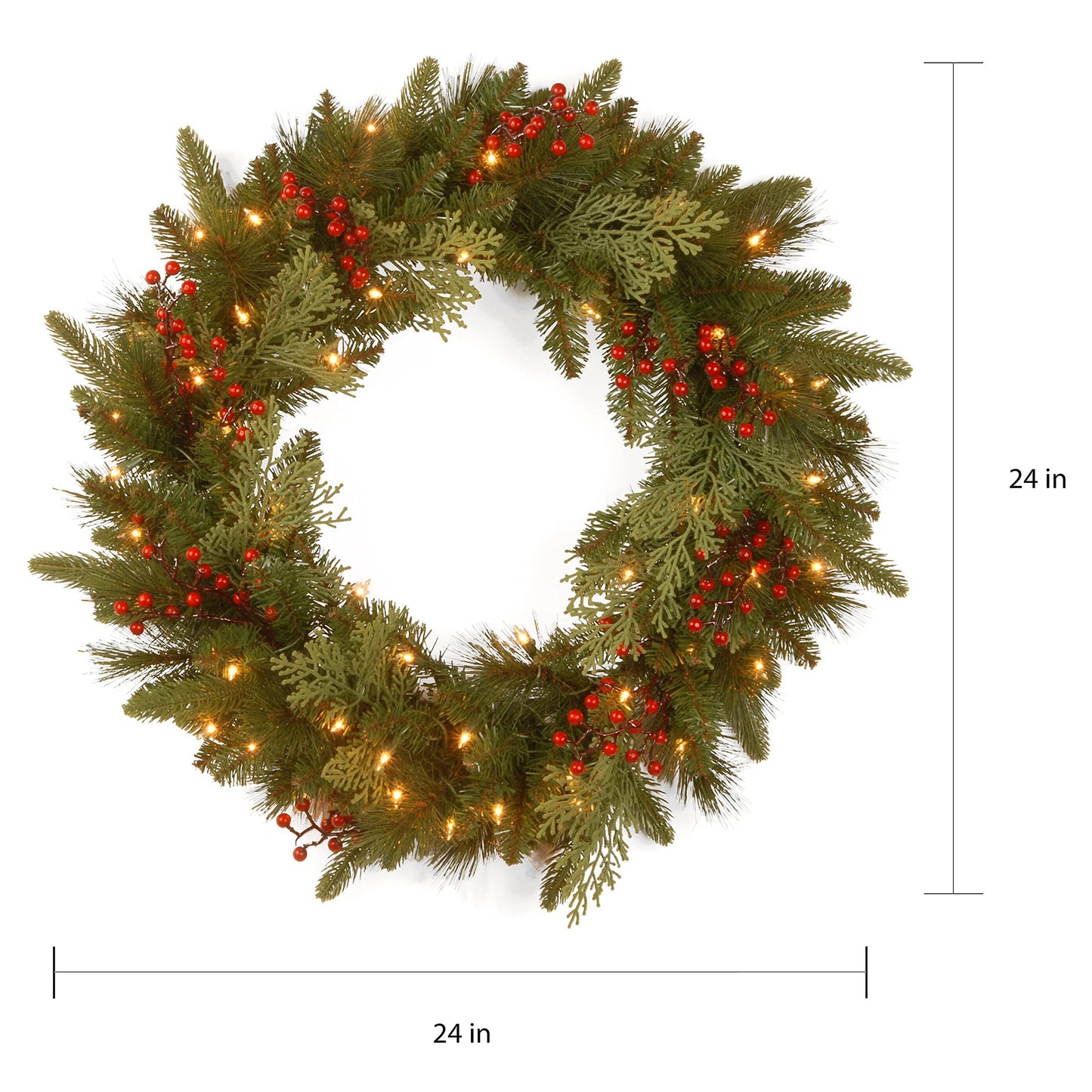 National Tree Company Pre-Lit 'Feel Real' Artificial Christmas Wreath, Green, Classical, White Lights, Decorated with Berry Clusters, Christmas Collection, 24 Inches