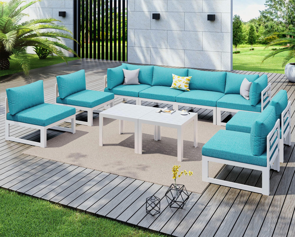 NICESOUL 10 Piece Oversized Modern Aluminum Patio Furniture Set, All Weather Rust Resistant Modular Sectional Sofa with Side Table, 500 lbs Heavy Duty Comfortable Outdoor Couch for Backyard Lawn, Teal NICESOUL