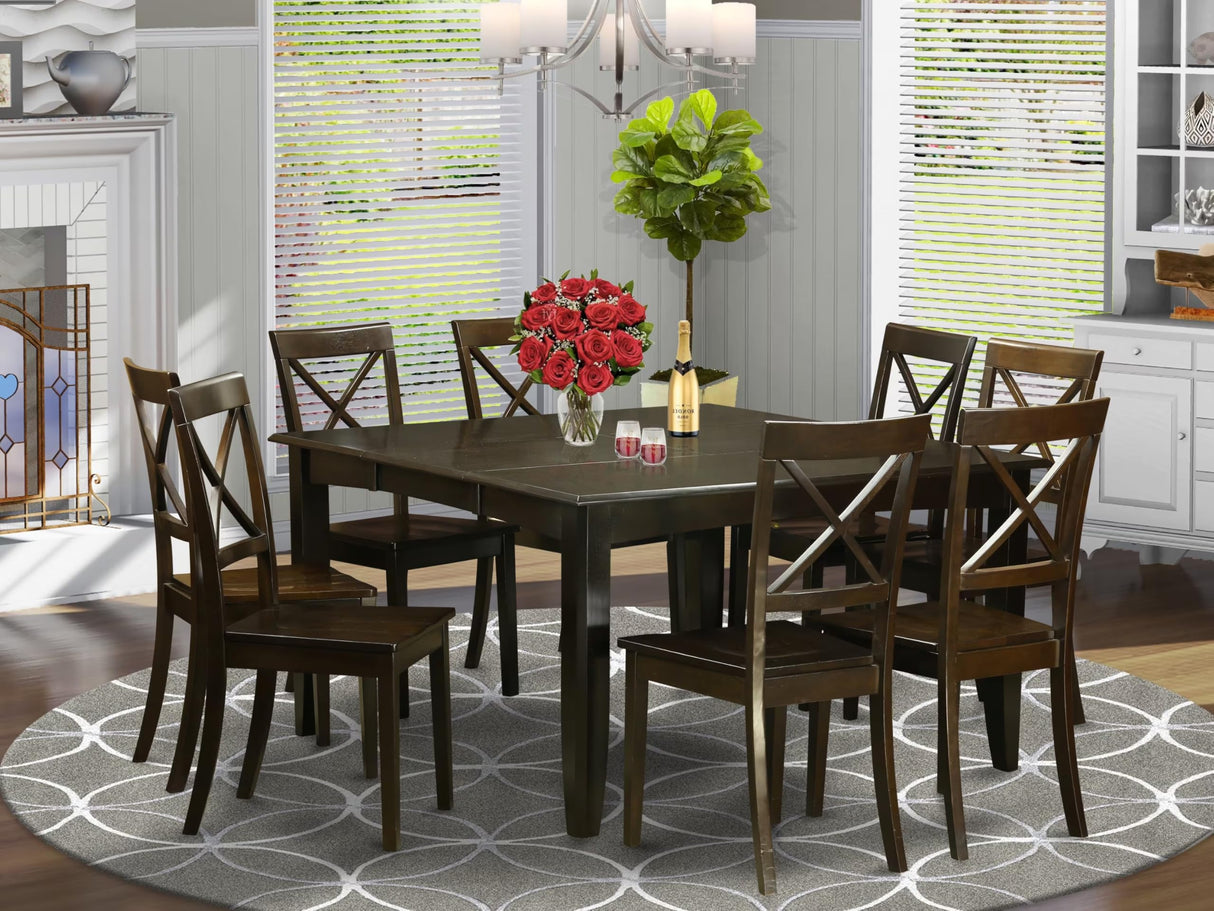 East West Furniture PFBO9-CAP-W 9 Piece Modern Dining Table Set Includes a Square Wooden Table with Butterfly Leaf and 8 Kitchen Dining Chairs, 54x54 Inch, Cappuccino East West Furniture