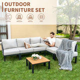 PIZZELLO Patio Furniture Sets Metal Frame All Weather Outdoor Sectional Patio Sofa Convertible Patio Seating Sofas with 6" Cushions and Faux Wood Coffee Table(Beige) PIZZELLO