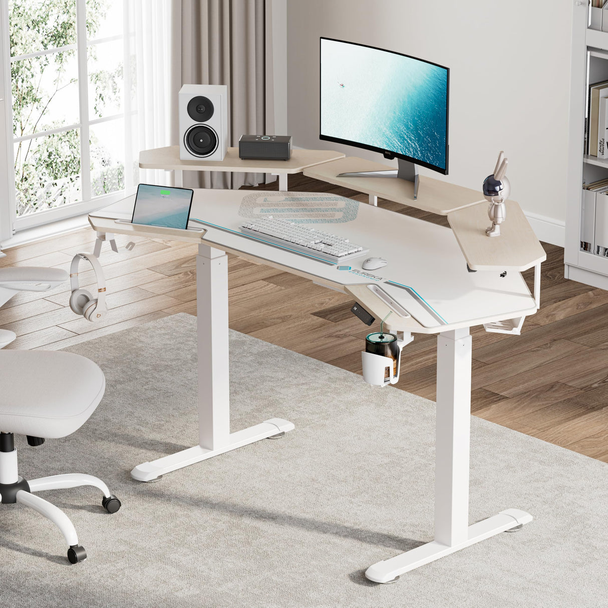 EUREKA ERGONOMIC Standing Desk,63" Electric Adjustable Height Computer Desk,Wing Shaped Music Studio Desk, LED Monitor Stands, Dual Motor&Slot, Maple EUREKA ERGONOMIC