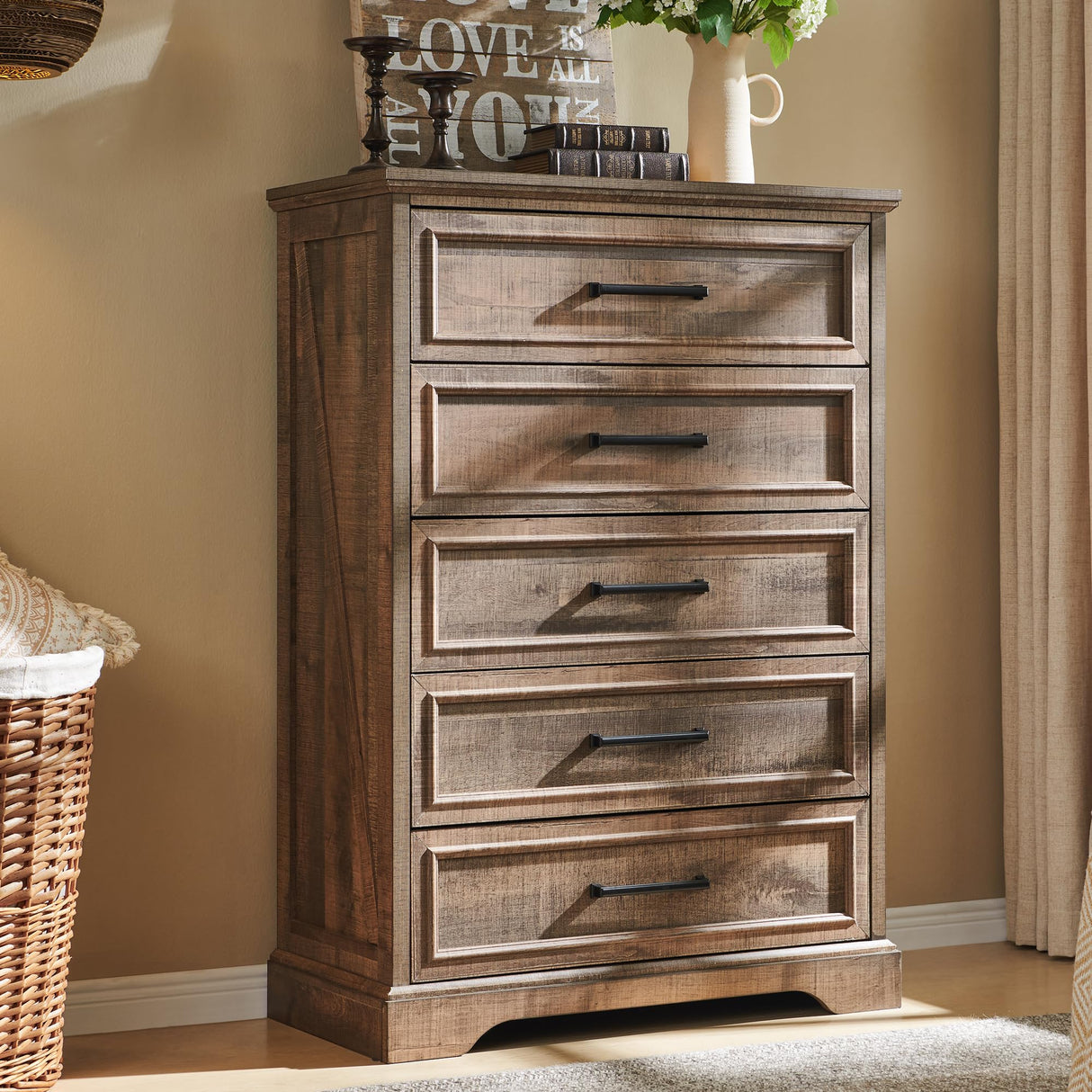 ACCOHOHO Farmhouse 5 Drawers Dresser Chests for Bedroom,46" Tall Wood Rustic Chest of Drawers with Wide Metal Handle,Natural Texture,Drawer Organizer for Bedroom,Living Room,Hallway and Entryway,LB ACCOHOHO