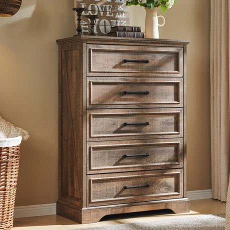 ACCOHOHO Farmhouse 5 Drawers Dresser Chests for Bedroom,46" Tall Wood Rustic Chest of Drawers with Wide Metal Handle,Natural Texture,Drawer Organizer for Bedroom,Living Room,Hallway and Entryway,LB ACCOHOHO