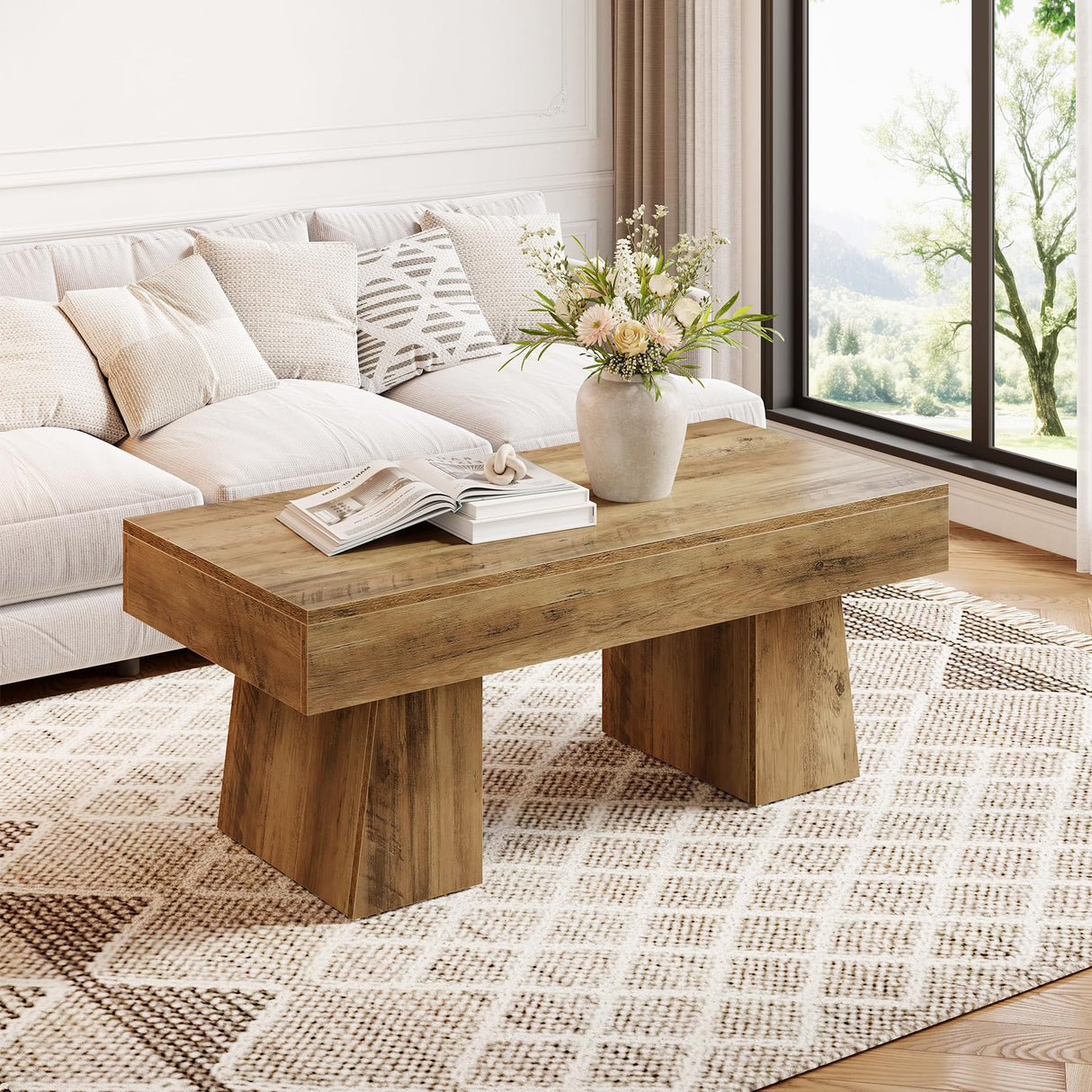 LITTLE TREE Farmhouse Coffee Table, 47 Inches Wooden Rectangular Accent Center Tables with Thick Base, Modern Low Cocktail Tea Furniture for Living Room (Rustic Brown) LITTLE TREE
