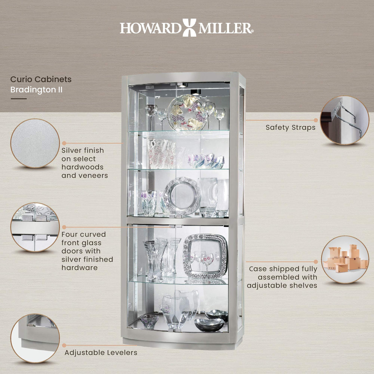 Howard Miller Bradington II Curio Cabinet II, Illuminate Storage Cabinets - Metal Pad Lock with Halogen Lights - Silver Finishing Best for Decorative Items, Living Room, Office & Home Decor Howard Miller