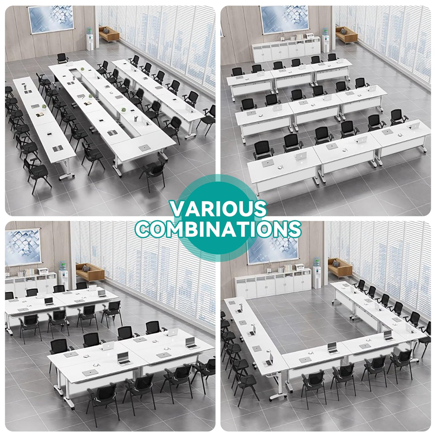 Conference Table, Folding Conference Room Tables With Flip-Top Design, With Caster Rectangular Modular Conference Room Table, for Office Conference Room Training Room 47x20x30in( WxDxH) 4PCS-White