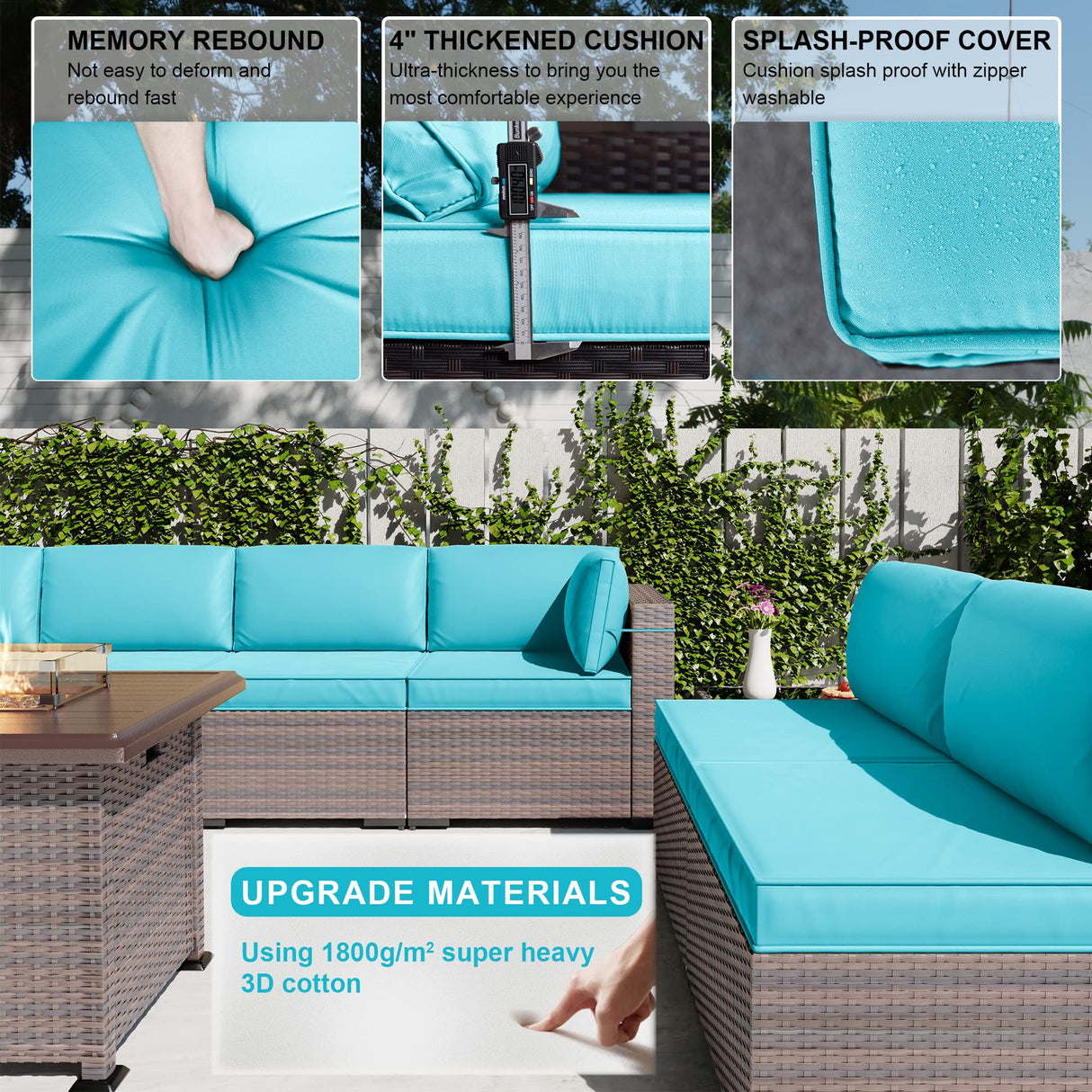 Kullavik 13PCS Outdoor Patio Furniture Set,PE Wicker Rattan Sectional Sofa Patio Conversation Sets with 43" 55000BTU Gas Propane Fire Pit Table,Swivel Rocking Chairs Set,Blue Kullavik