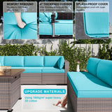 Kullavik 13PCS Outdoor Patio Furniture Set,PE Wicker Rattan Sectional Sofa Patio Conversation Sets with 43" 55000BTU Gas Propane Fire Pit Table,Swivel Rocking Chairs Set,Blue Kullavik