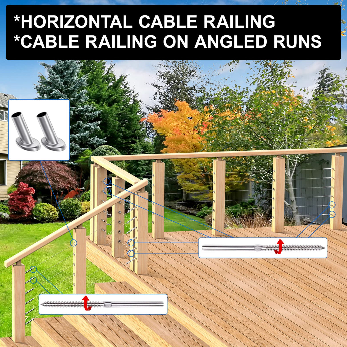 BLIKA 80 Pack T316 Stainless Steel Right&Left Handed Thread Swage Lag Screws for Wood Posts of 1/8" Stair Cable Railing Kit, Cable Railing Hardware with Wrench, DIY Wood Baluster BLIKA