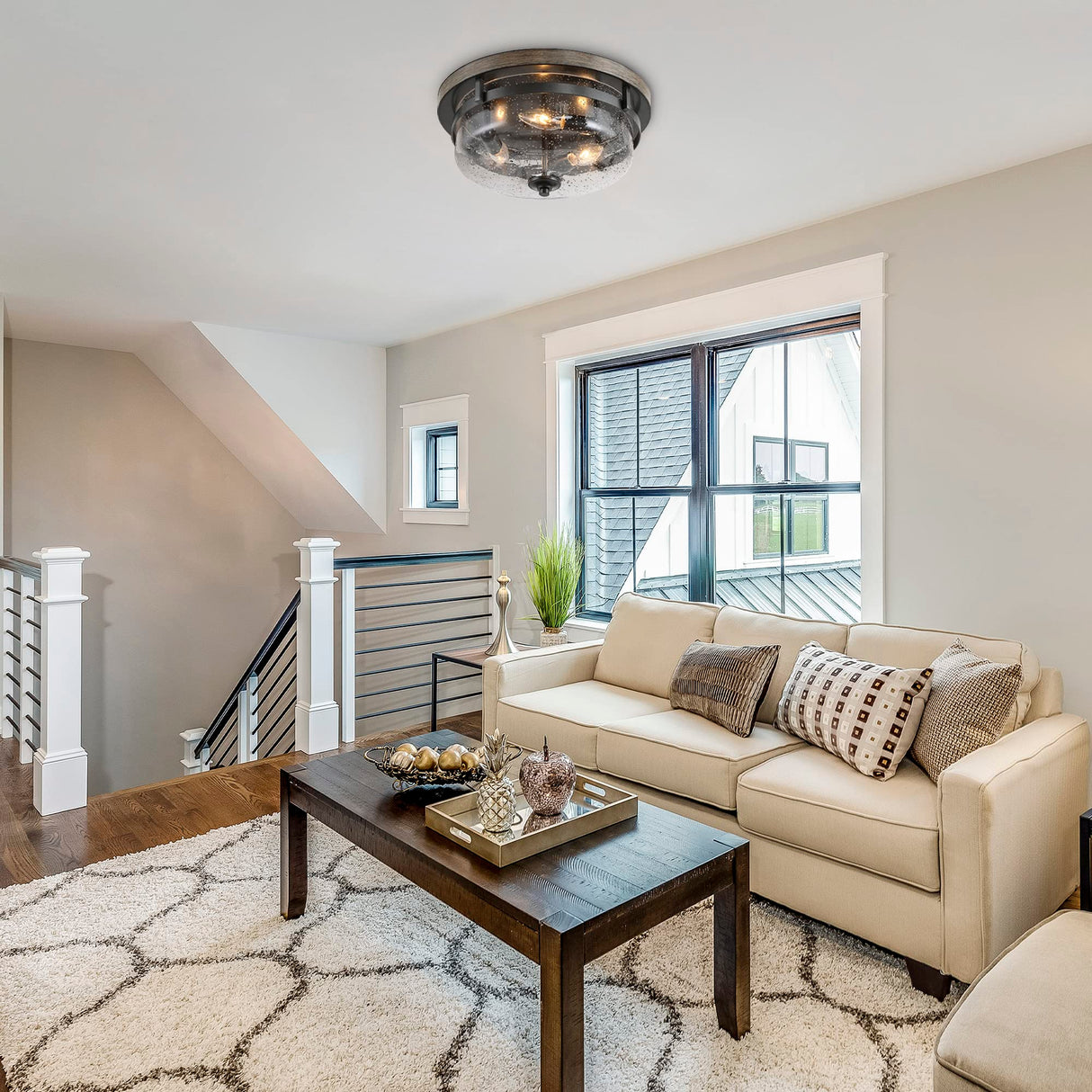 Farmhouse Flush Mount Ceiling Light Fixture with Seeded Glass Shade & Faux Wood Finish for Bedroom, Hallway, Kitchen, Dining & Living Room, Foyer and Bathroom GEPOW