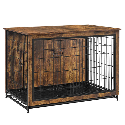 Feandrea Dog Crate Furniture, Side End Table, Modern Kennel for Dogs Indoor up to 80 lb, Heavy-Duty Dog Cage with Multi-Purpose Removable Tray, Double-Door Dog House, Rustic Brown UPFC004X01 - WoodArtSupply