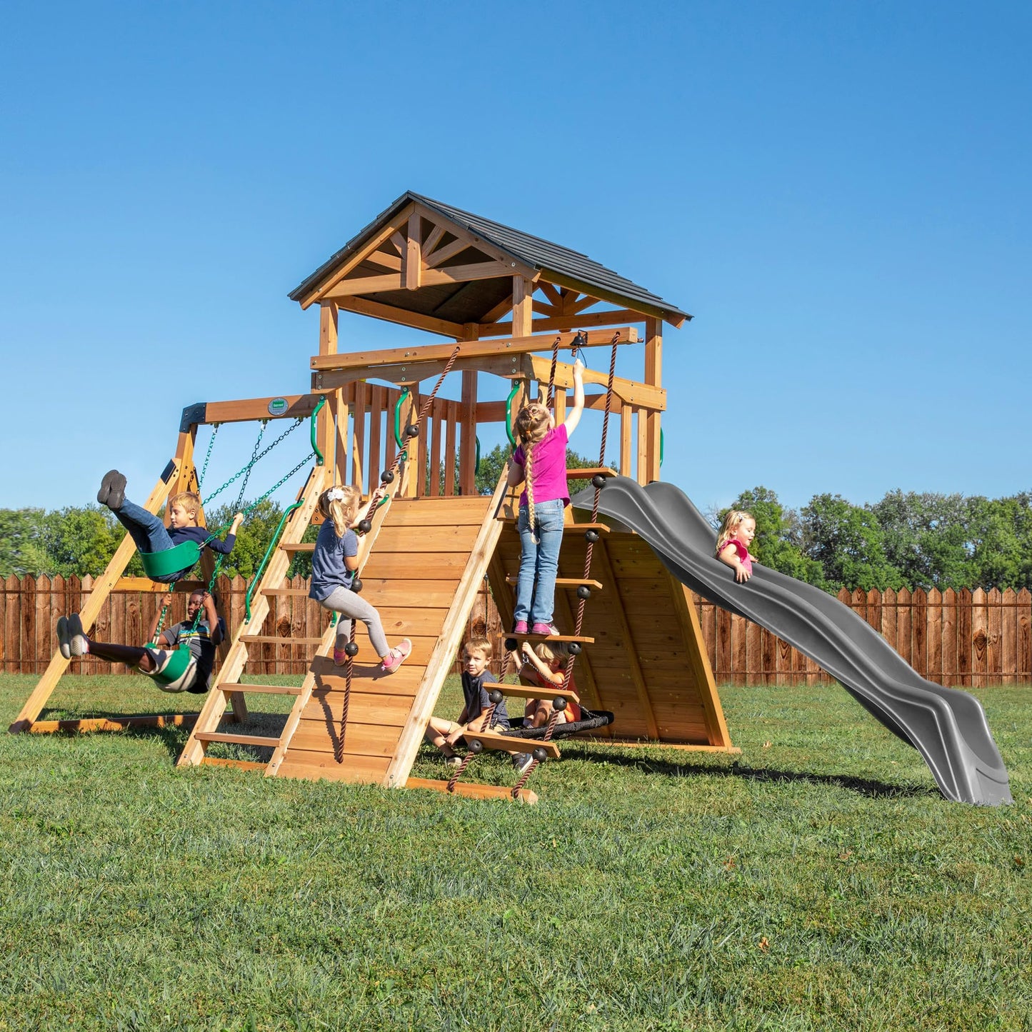 Backyard Discovery Endeavor All Cedar Wood Swing Set Playset with Gray Wave Slide for Backyard with Large Clubhouse Rope Ladder Rock Climbing Wall Wave Slide 2 Belt Swings and 1 Web Swing Gift