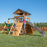 Backyard Discovery Endeavor All Cedar Wood Swing Set Playset with Gray Wave Slide for Backyard with Large Clubhouse Rope Ladder Rock Climbing Wall Wave Slide 2 Belt Swings and 1 Web Swing Gift Backyard Discovery