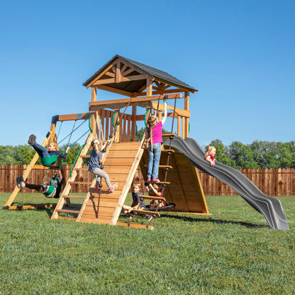 Backyard Discovery Endeavor All Cedar Wood Swing Set Playset with Gray Wave Slide for Backyard with Large Clubhouse Rope Ladder Rock Climbing Wall Wave Slide 2 Belt Swings and 1 Web Swing Gift