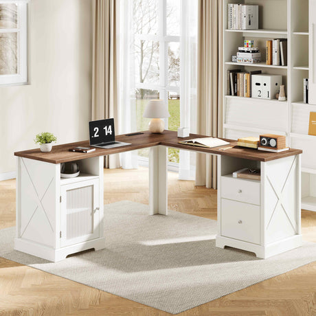 ChooChoo Farmhouse L Shaped Desk with Drawers & Storage Shelf, Home Office Desk with Storage Cabinet, Executive Corner Computer Desk with Charging Station, Home Office Writing Desk, Soft White ChooChoo