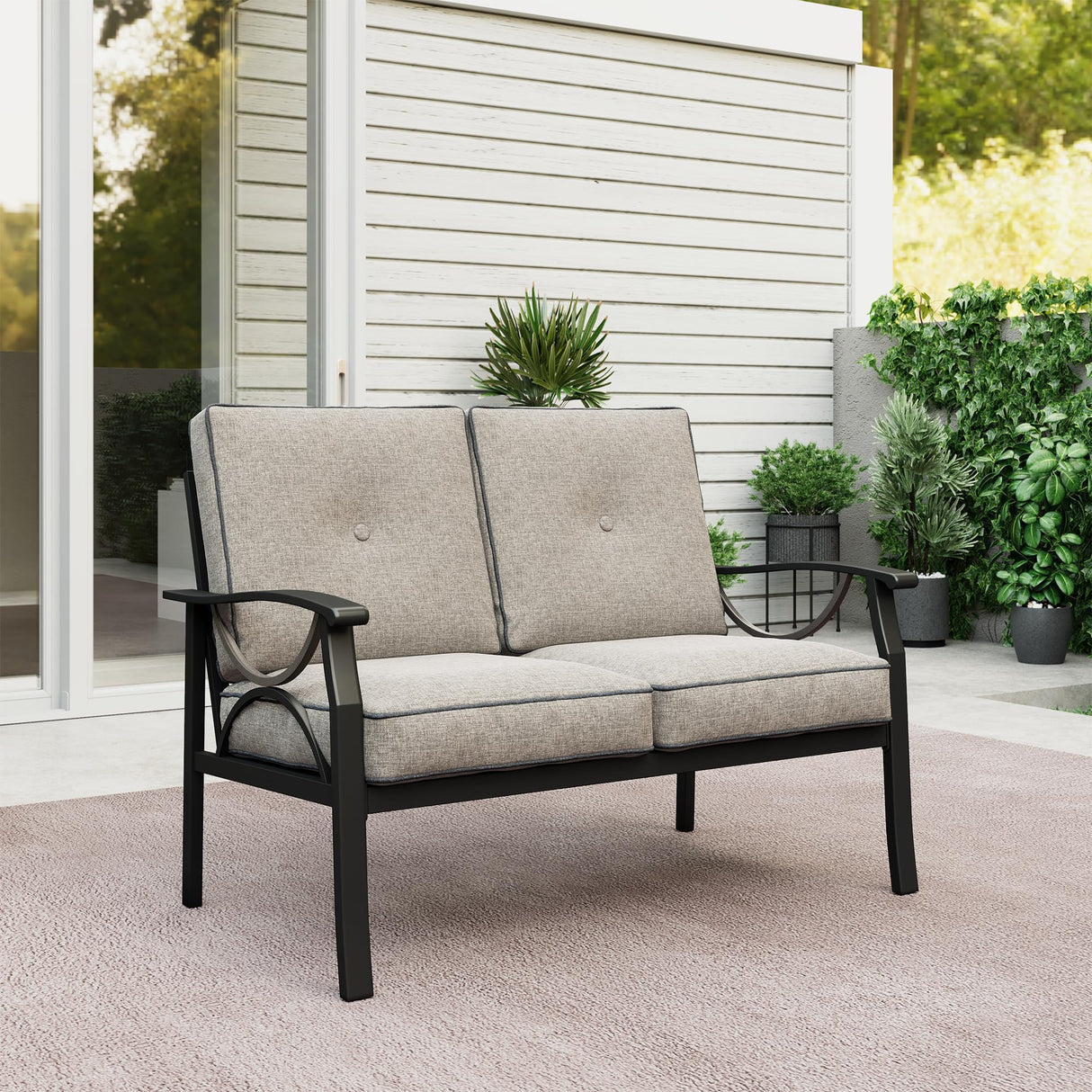 RoyalCraft Patio Loveseat, All-Weather Outdoor 2 Seats Sofa Couch, Black Metal Furniture with Gray Cushions RoyalCraft