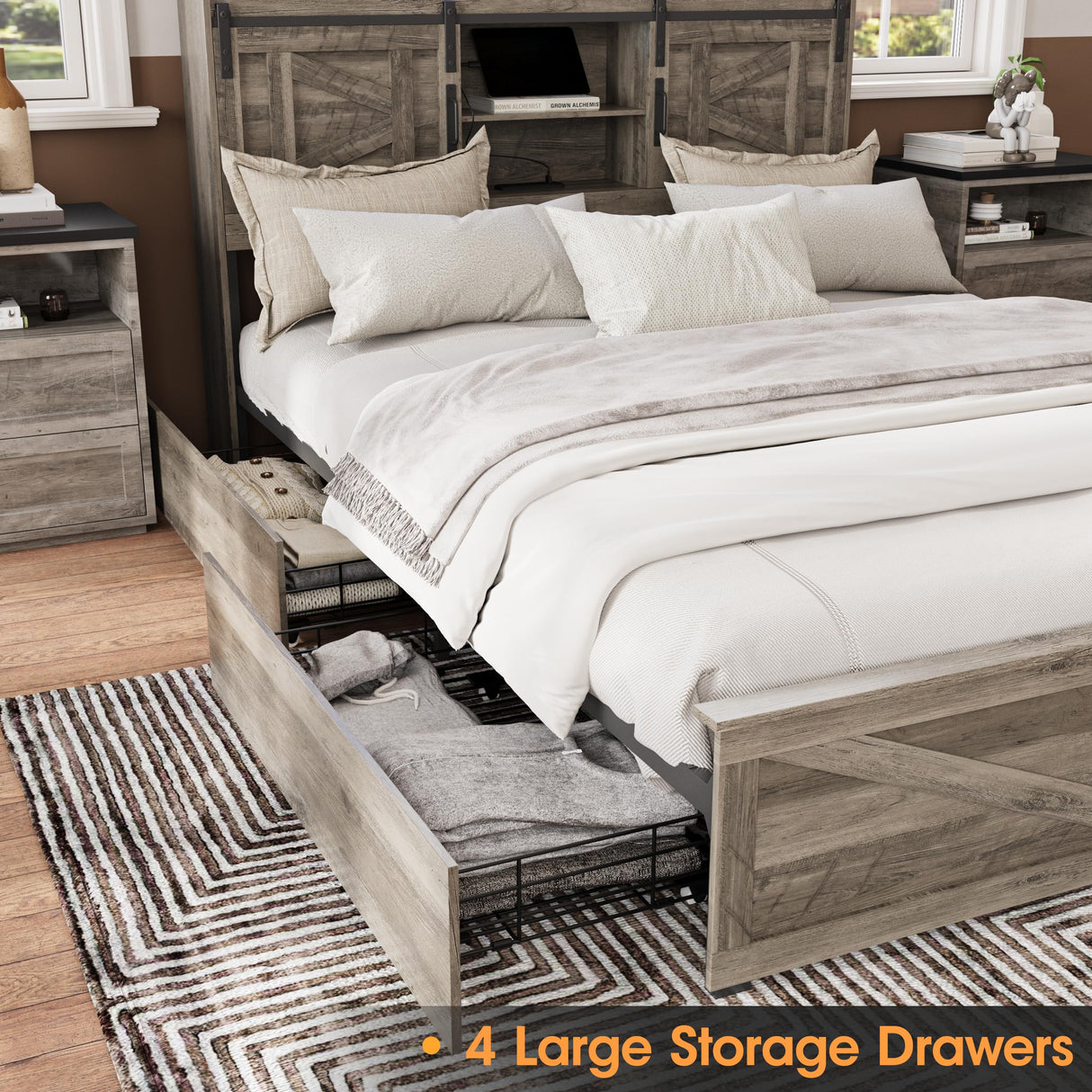 Fameill Farmhouse Queen Size Bed Frame with 4 Drawers and Bookcase Headboard, Sliding Barn Door Storage Shelves, LED Lights and Charging Station, No Box Spring Needed, Grey Fameill