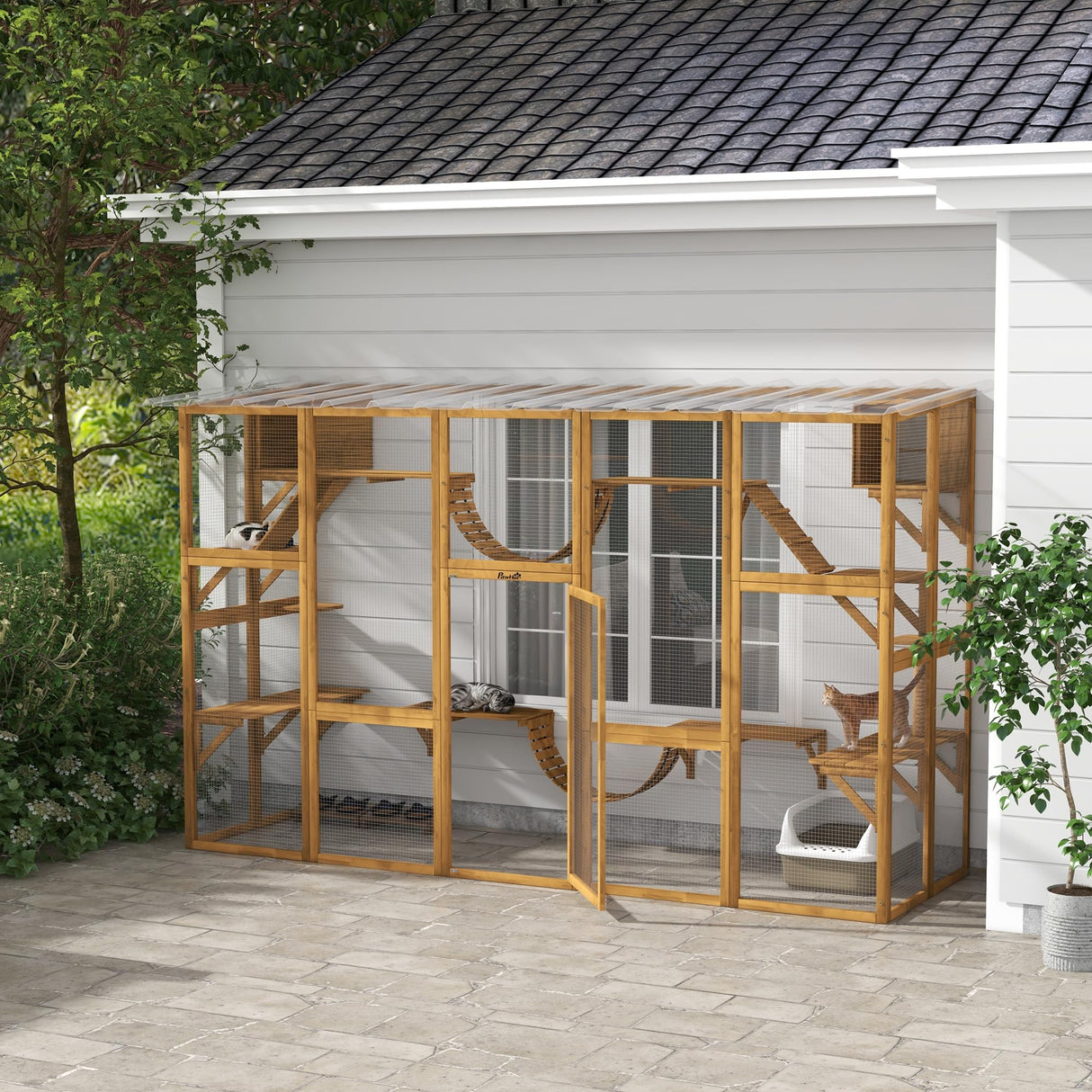 PawHut Catio Playground Cat Window Box Outside Enclosure, Outdoor Cat House with Weather Protection Roof for Multiple Kitties, Wooden Frame, Shelves & Bridges, 118" x 37.5" x 74", Yellow PawHut