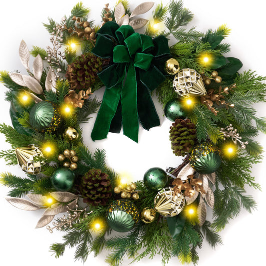 Decorbyhannah Collapsible Christmas Wreath, 24 inch Christmas Wreaths for Front Door with Lights, Artificial Reef Indoor Outdoor Decorations with Bow Pinecone Ornaments for Table Window (Green Gold)