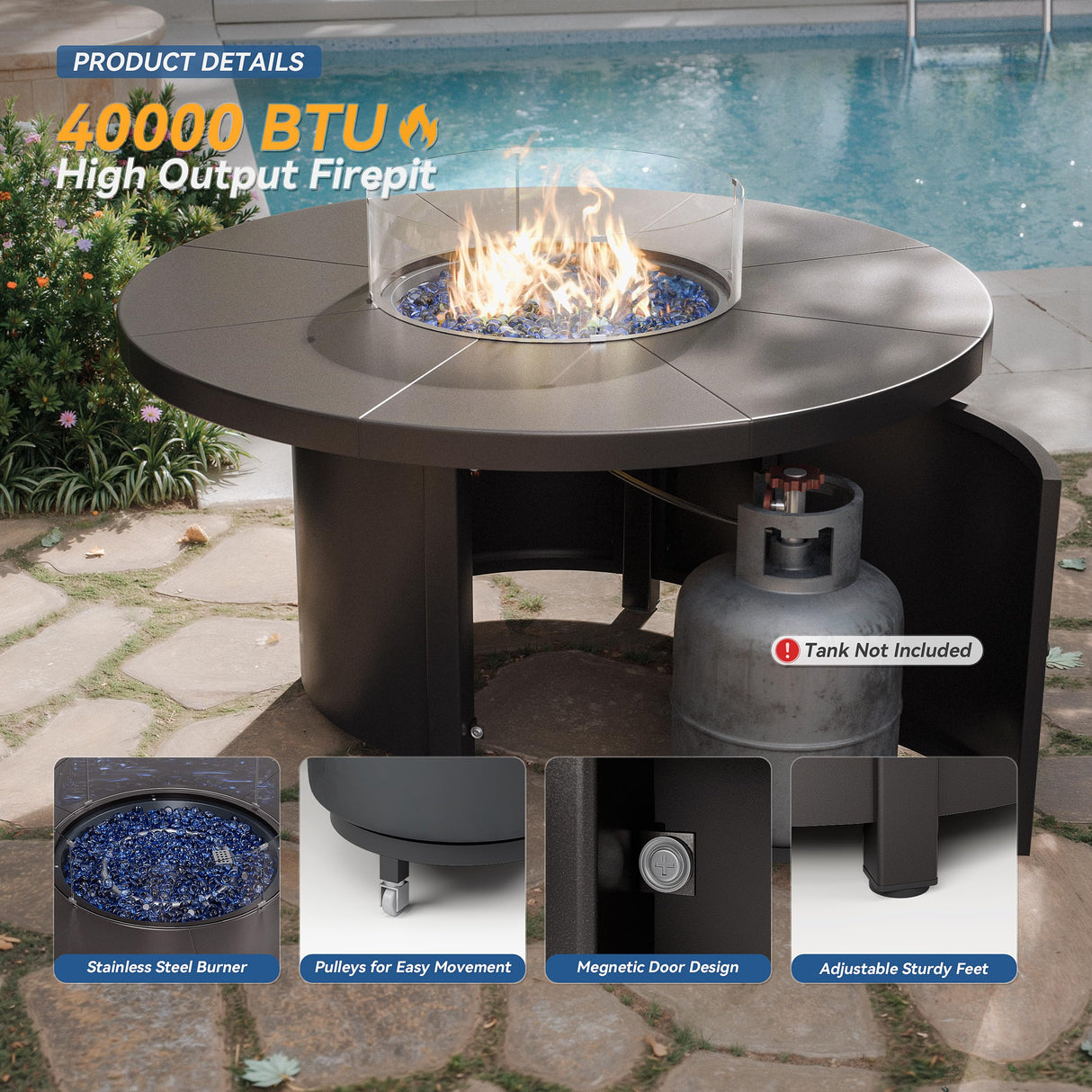 Kurapika 5 Pieces Patio Furniture Set, Rattan Wicker Outdoor Conversation Sets, 4 Woven Rattan Swivel Chairs w/48in Propane Fire Pit Table and Thickened Cushions, Sand Kurapika