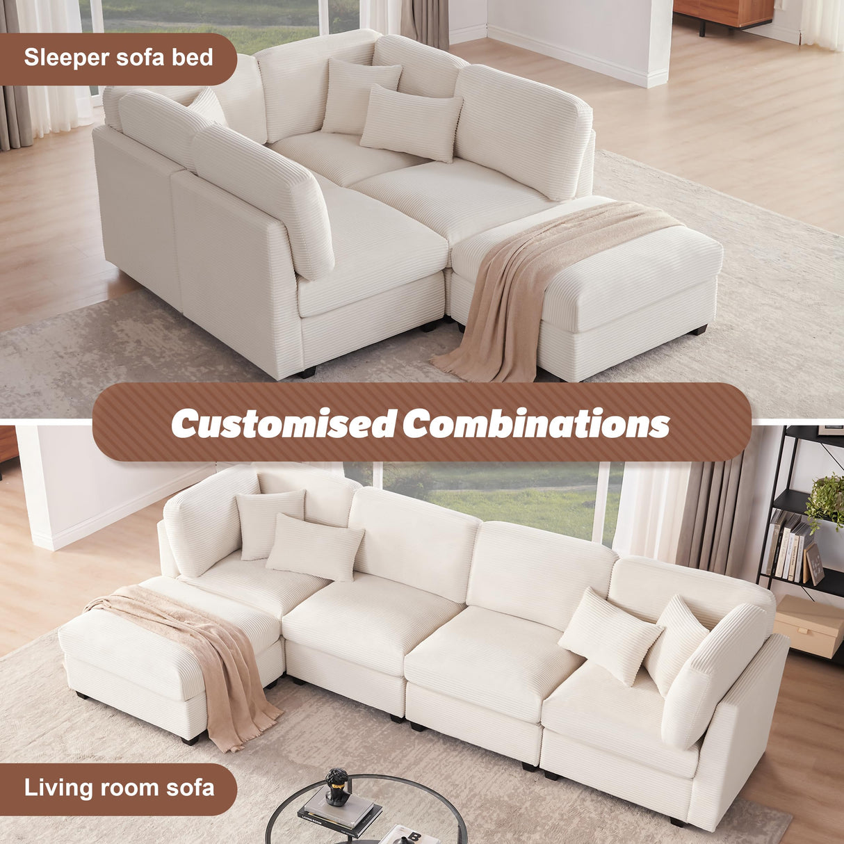 Huatean Home 125 Inch Oversized Corduroy Modular Sectional Sofa, U Shaped Modular Couch with Storage, 5 Seat Convertible Corduroy Couch, Comfy Sectional Couches for Living Room with Foam, Light Beige Huatean Home