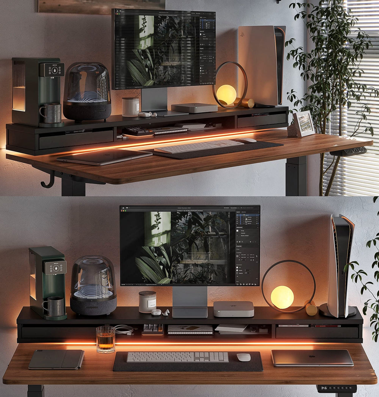 FEZIBO 55 x 24 Inch Height Adjustable Electric Standing Desk with Double Drawers, Stand Up Desk with LED Strips, Sit Stand Desk with Monitor Stand, Black Walnut FEZIBO