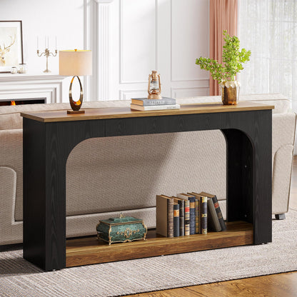 Tribesigns 55-Inch Console Table with LED Lights, Farmhouse 2-Tier Narrow Sofa Table with Storage, Wood Foyer Entryway Behind Couch Table for Living Room, Hallway, Entrance, Black and Brown