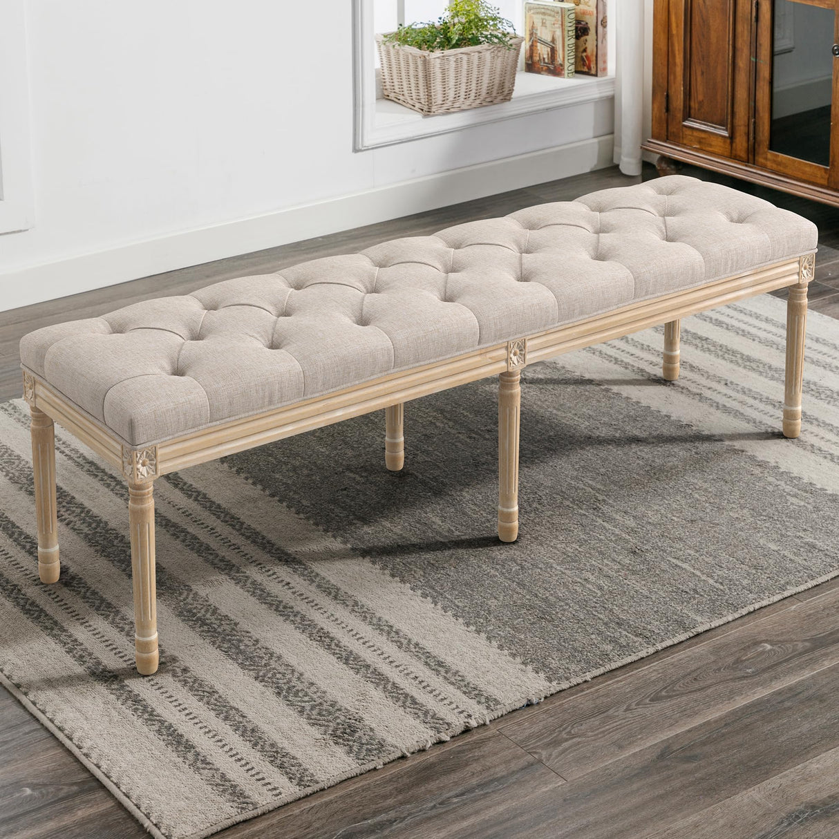 LUE BONA 60" Bedroom Bench, Vintage French Tufted End of Bed Bench, Upholstered Fabric Ottoman Bench with Carved Wood Legs for Bedroom,Dining Bench Piano Stool for Living Room,Foyer, Linen LUE BONA