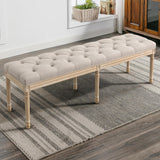 LUE BONA 60" Bedroom Bench, Vintage French Tufted End of Bed Bench, Upholstered Fabric Ottoman Bench with Carved Wood Legs for Bedroom,Dining Bench Piano Stool for Living Room,Foyer, Linen LUE BONA
