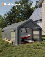 GarveeLife 13x25 Ft Carport with 10 Sandbags, Car Port with 220g PE Tarp, 2 Roll-Up Doors, and 4 Windows, for Full-Size Pickups, Bass Boats, Tractors, and SUVs, Gray GarveeLife