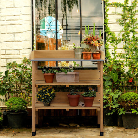 Topeakmart Potting Bench Table w/Metal Tabletop for Garden, Fir Wood Workstation w/3 Tier Shelves, Outdoor Work Bench w/Hook Natural Wood Topeakmart