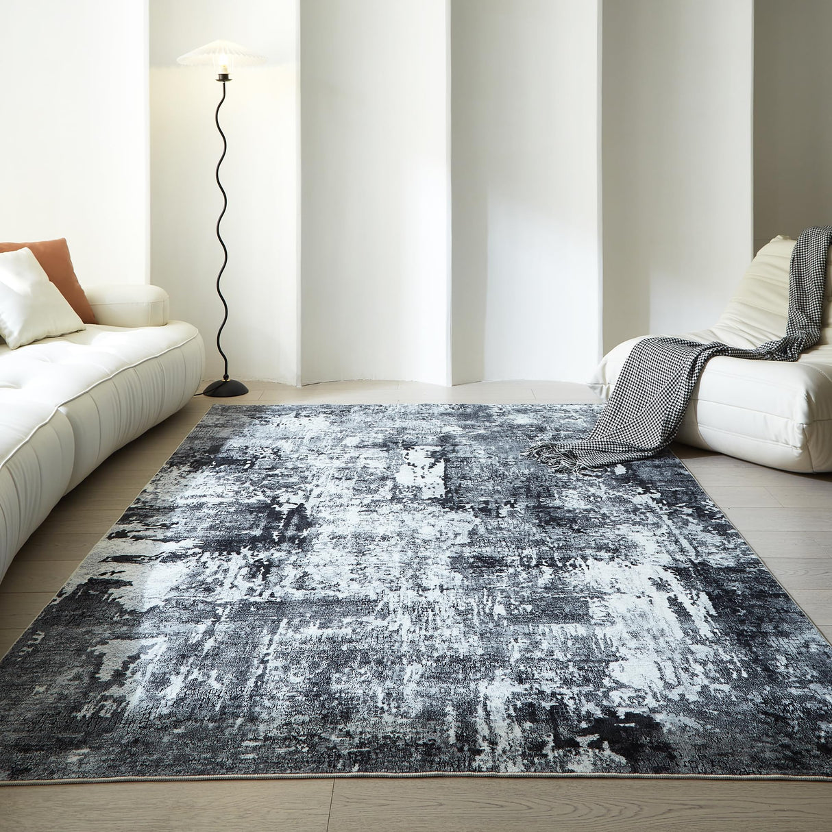 Rugcomf Area Rug 5x7 Washable Rug Boho Soft Abstract Pattern Non-Slip Faux Wool Vintage for Living Room, Bedroom, Farmhouse, Dining Room, Kids Playroom, Grey and Black Rugcomf