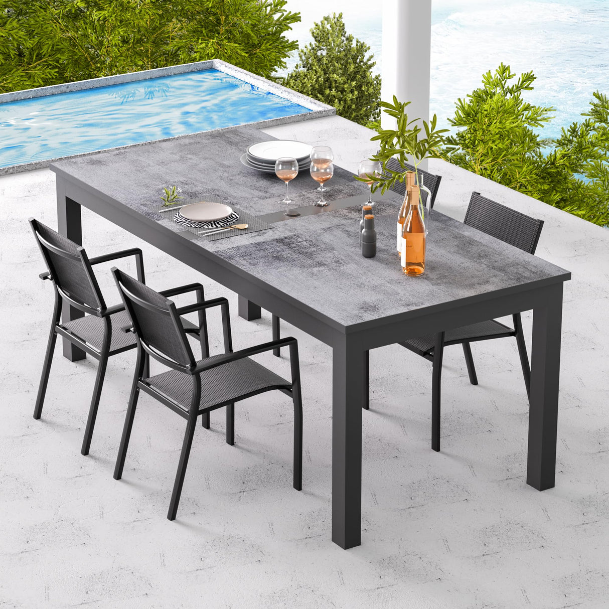May in Color 92” Dining Room Table for 4-10 People, Large Extendable Dining Table, Rectangular Aluminum Kitchen Table for Living Room, Office Area, Grey May in Color