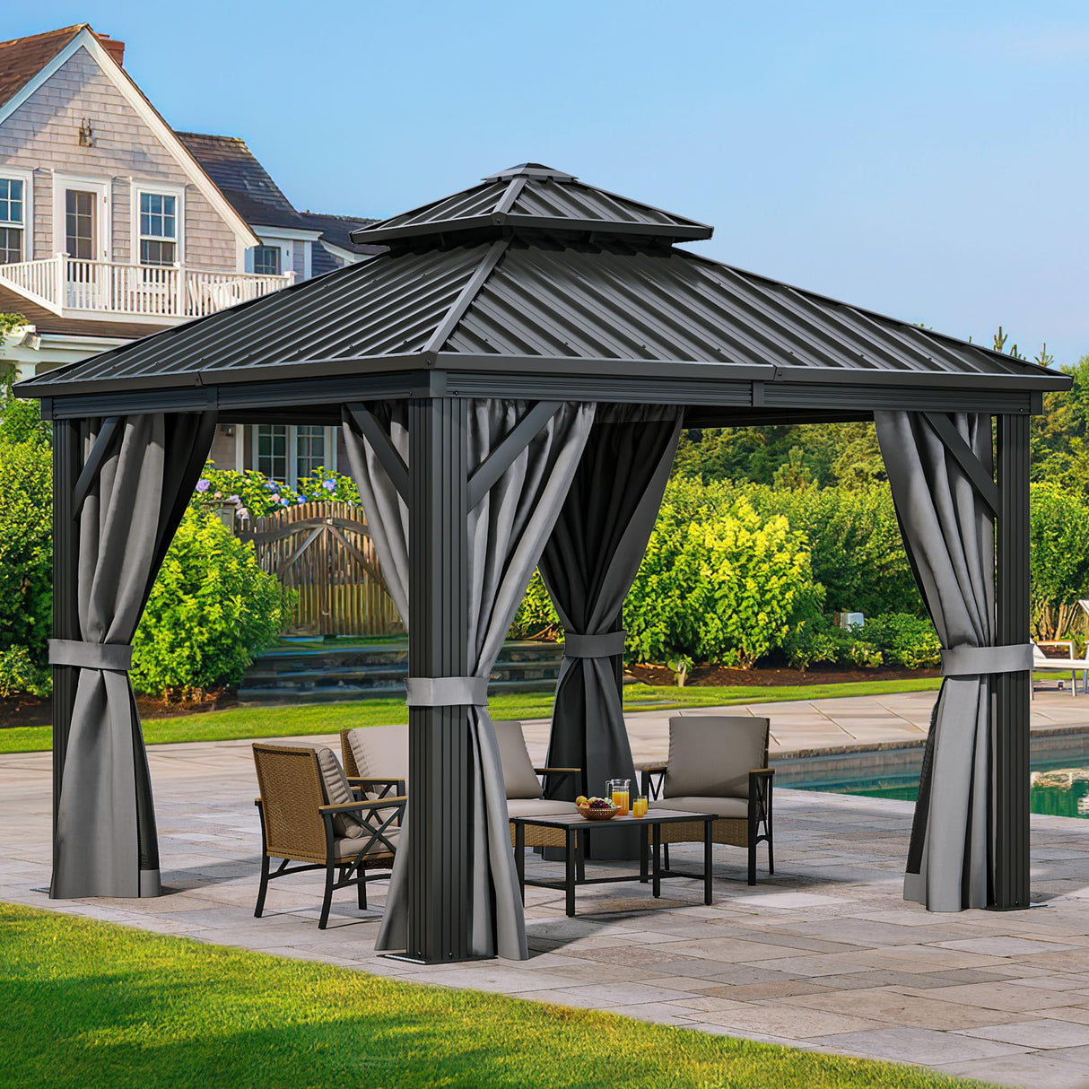 YITAHOME 10x10ft Hardtop Gazebo with Nettings and Curtains, Heavy Duty Double Roof Galvanized Steel Outdoor Combined of Vertical Stripes Roof for Patio, Backyard, Deck, Lawns, Gray YITAHOME