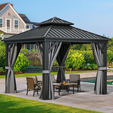 YITAHOME 10x10ft Hardtop Gazebo with Nettings and Curtains, Heavy Duty Double Roof Galvanized Steel Outdoor Combined of Vertical Stripes Roof for Patio, Backyard, Deck, Lawns, Gray YITAHOME