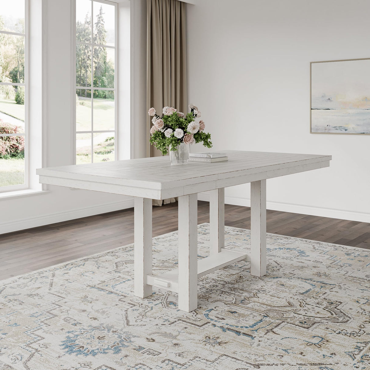 Signature Design by Ashley Robbinsdale Farmhouse Distressed Counter Height Dining Extension Table with Trestle Base, Planked Effect and 2 Removable End Leaves, White Signature Design by Ashley