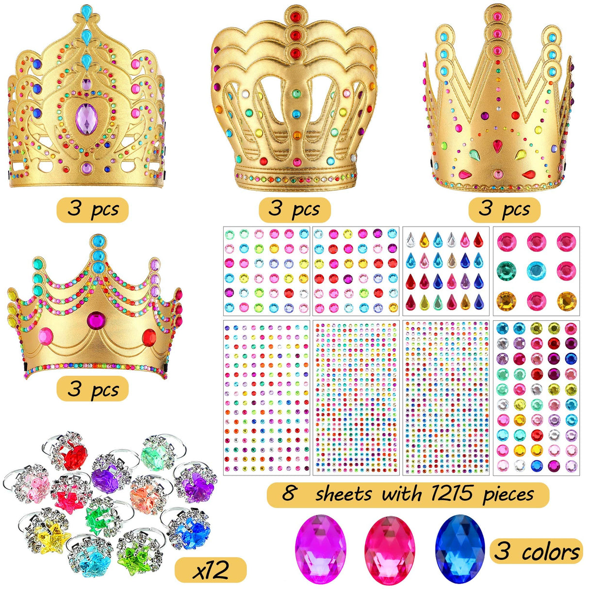 12 Pieces Foam Princess Tiaras Crown 928 Pieces Gem Stickers 12 Gem Rings Craft Making Kits Birthday Party Favors MTLEE