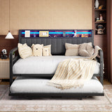 Daybed with Trundle and LED Light, Heavy Duty Metal Full Bed Frame with Upholstered Storage Headboard & Charging Station, Day Bed Pop Up Trundle Bed for Living Room,Bedroom and Guest Room, Brown Jocoevol